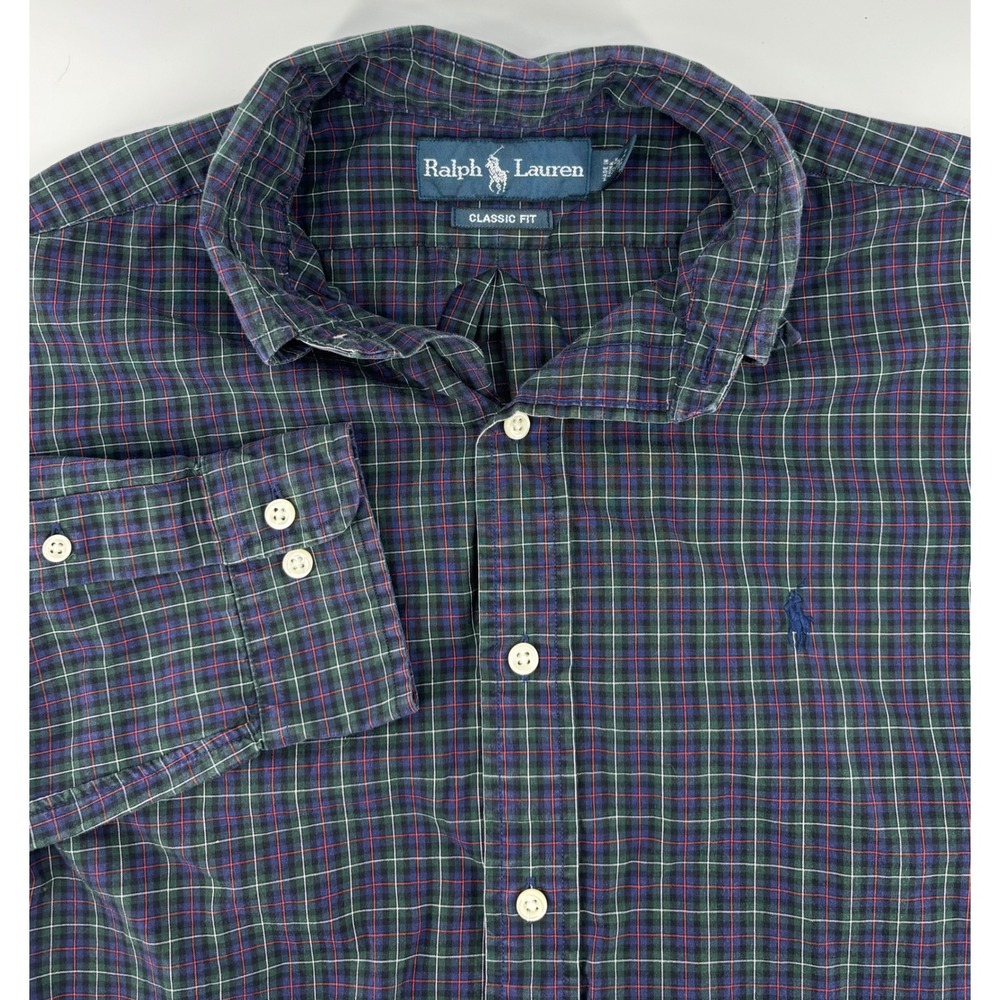 Ralph Lauren Button Down Shirt Men 15 32/33 Navy Green Plaid Classic Fit